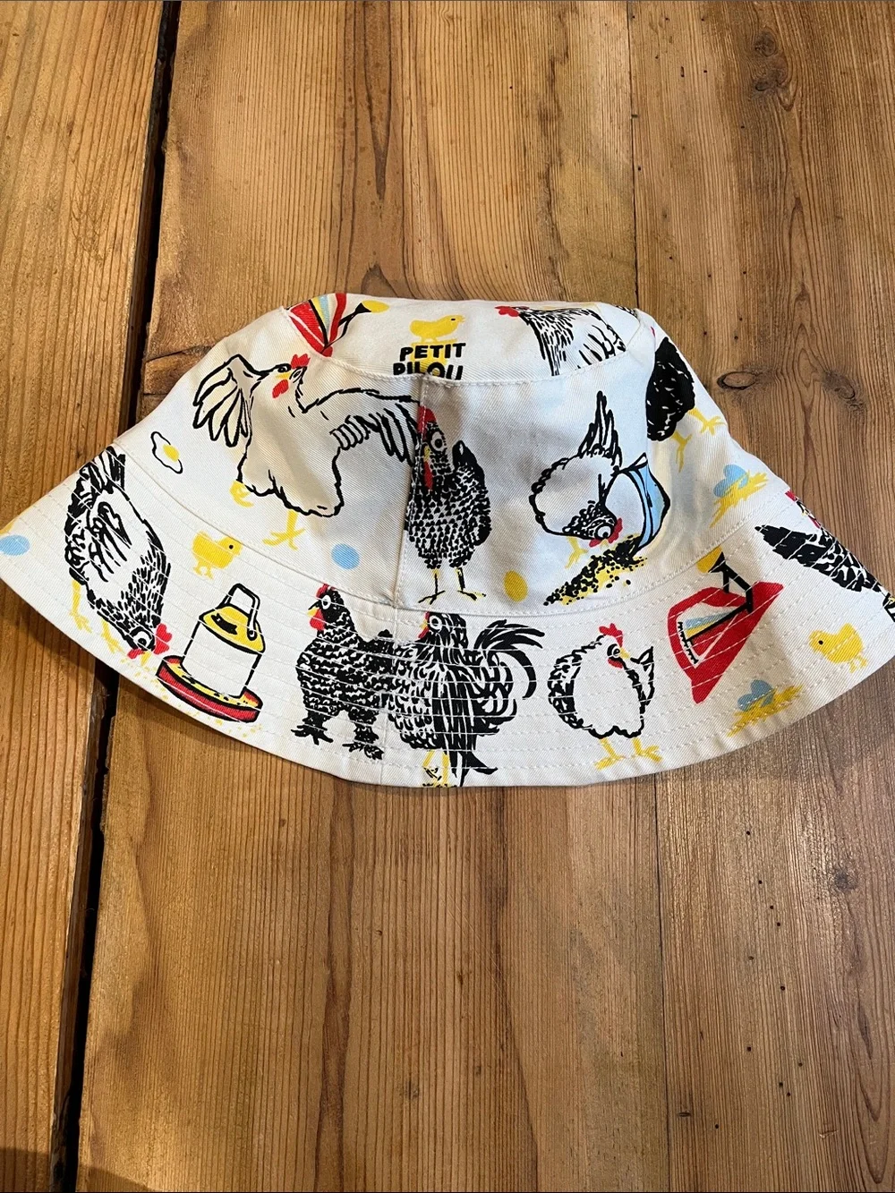 PETIT PILOU Kids White Chicken Printed Bucket Hat 100% Cotton